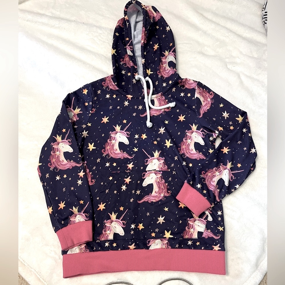 Unicorn Print Kids Hoodie - Navy and Pink